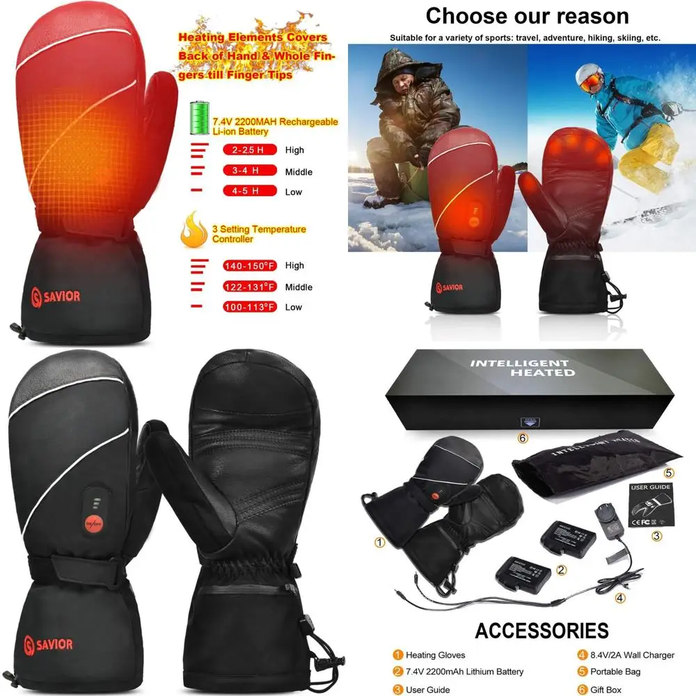 

SAVIOR HEAT Heated Mittens Battery Gloves Men Women, Flexible Crab Finger Rechargeable Ski Mitten with 7.4V 2200mAh Battery for