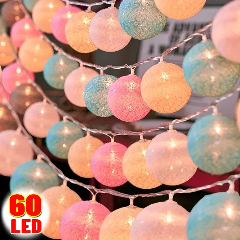 

60/20LED Cotton Garland Ball String Light Wedding Christmas Party Hanging Fairy Lights String Home Room Garden Decoration Lamps