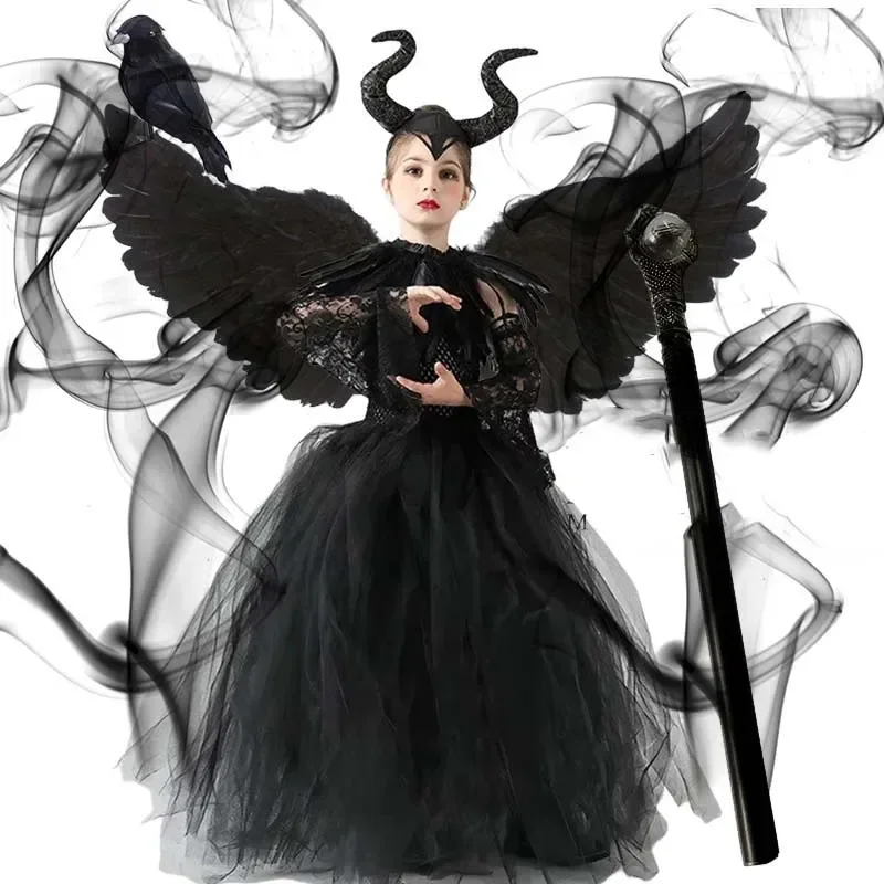 Halloween Mädchen Dunkles Cosplay Tutu-Kleid Kinder Teufel-Kostüm mit Flügeln, Horn-Stirnband und Zepter für Karneval und Kostümparty – Detail 1