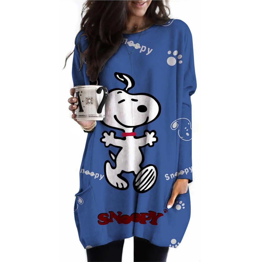 Snoopy printed women's T-shirt autumn long sleeved pocket T-shirt fashionable casual top daily loose round neck women's clothing