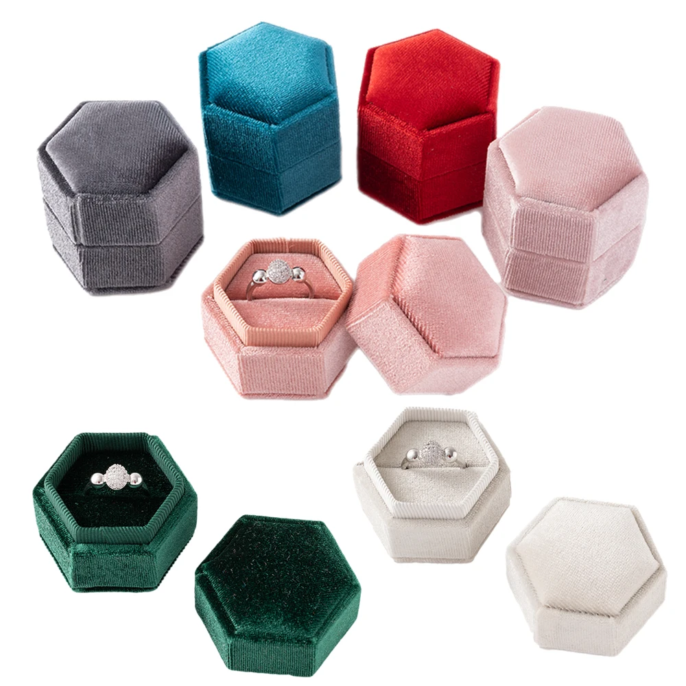 Velvet Hexagon Single Slot Ring Box For Engagement Wedding Keepsake Case Bridal Photo Jewelry Exhibitor Storage Display Selling