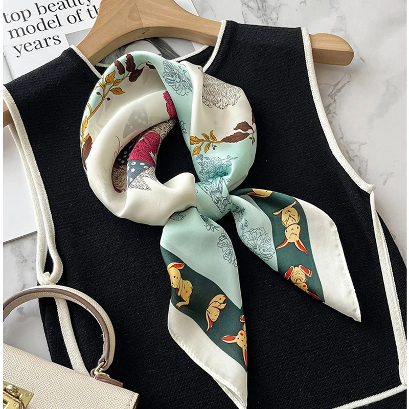 2024 Striped Retro Carriage Spring Autumn Imitation Silk Small Square Scarf For Women Female Wild decorative Scarves Sunscreen