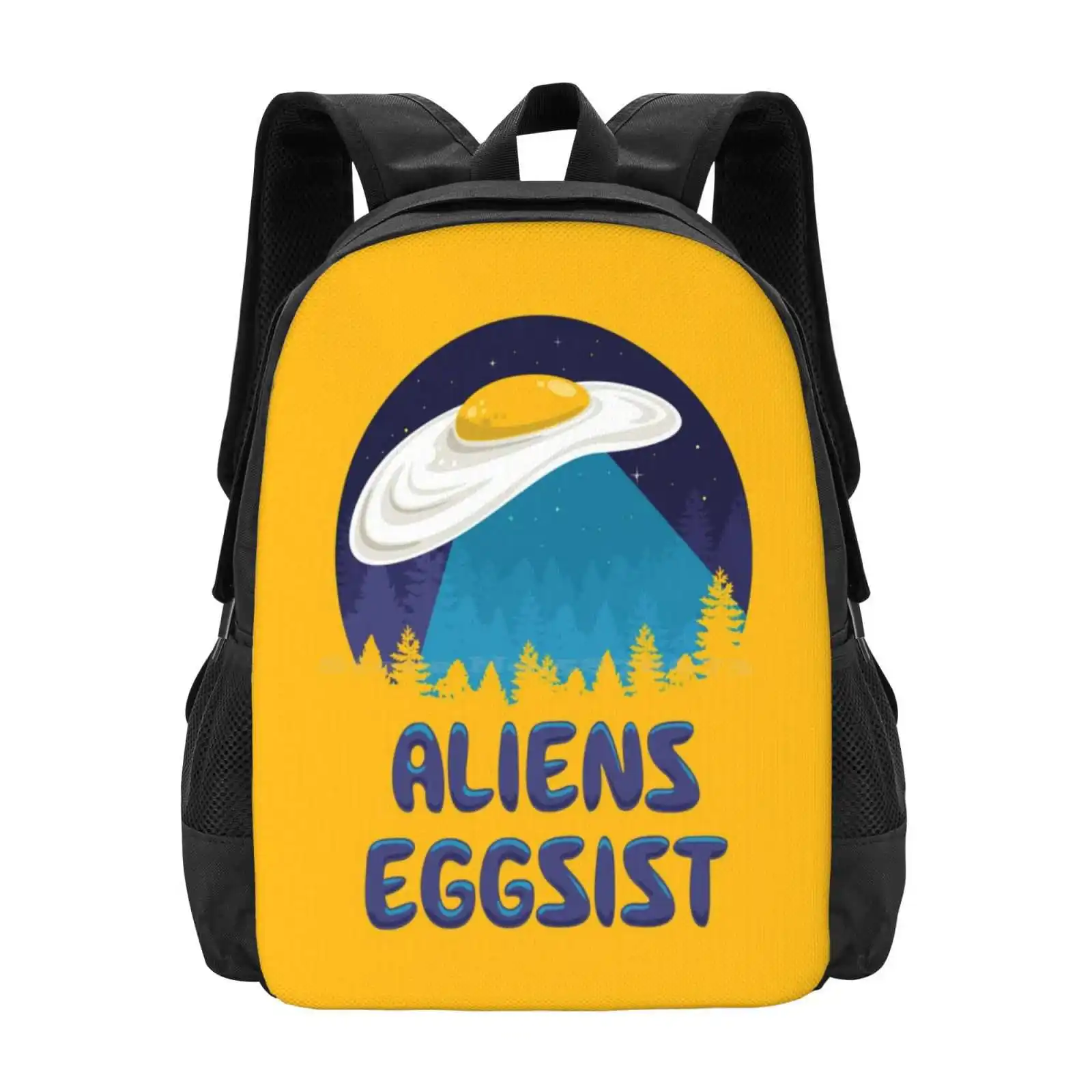 Aliens Eggsist Hot Sale Schoolbag Backpack Fashion Bags Eggs Humor Alien Ufo Yellow Forest Night Pun Funny Cute Vector