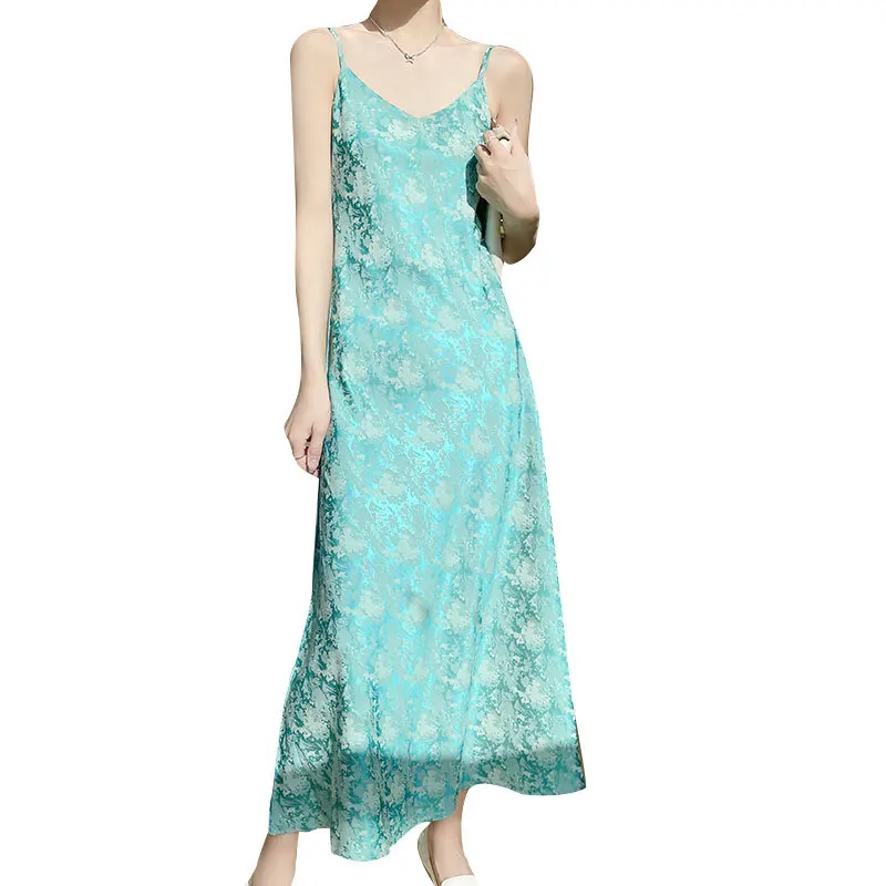Spring and Summer New Satin Jacquard Spaghetti Straps Dress Women's Casual Solid Color Simple Midi