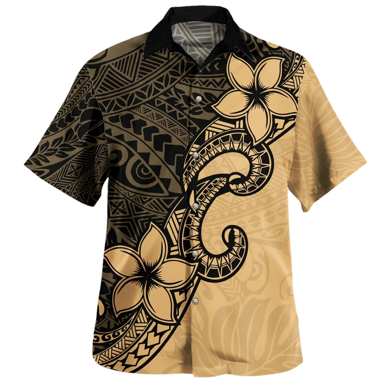 Polynesia Mens Shirts Turn-Down Collar Shirt Samoan Tribal Ethnic Men\'s Vintage 3D Tops Shirt Hawaiian Casual Short Sleeve Tees