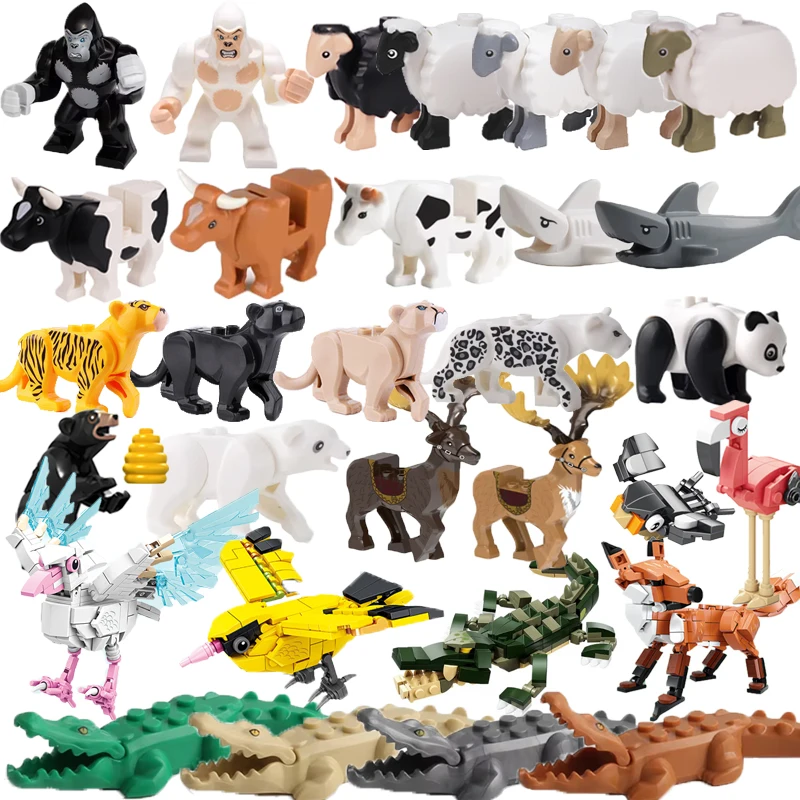 City Building Blocks Accessories Large Zoo Shark Panda Sheep Ox Deer Mountain Crocodile Tiger Wolf Pig Orangutan Gift Toys K038