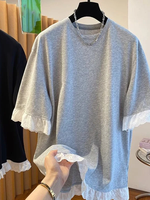 

Faionable Lace Splice ort Sve Loose Women's T-irt Base irt Top with Le round Ne Korean Sle Commute Wind
