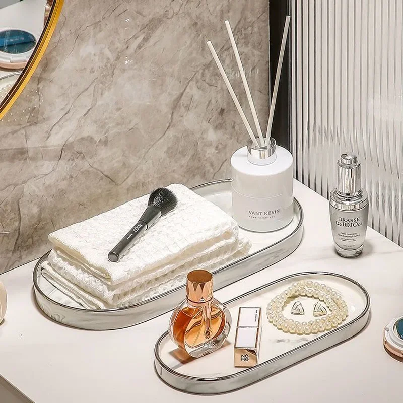 Silver Edge Oval Marble Pattern Ceramic Storage Tray Decor Washroom Toiletries Holder Dresser Cosmetics Jewelry Plate Ornaments