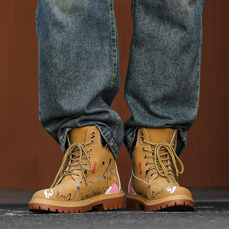 

Men's All-season Flat High-top Graffiti Pattern Fashion Design Lace-up Durable Brand Design Outdoor Workwear Versatile Boots