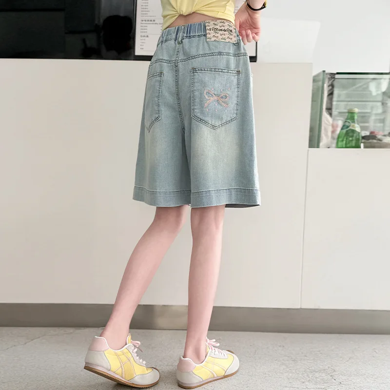 سليم صالح الاطفال الدنيم السراويل الجيب الخلفي مع القوس للمراهقات عارضة الصيف السراويل الأطفال بارد الشارع الركبة عارضة السراويل #4