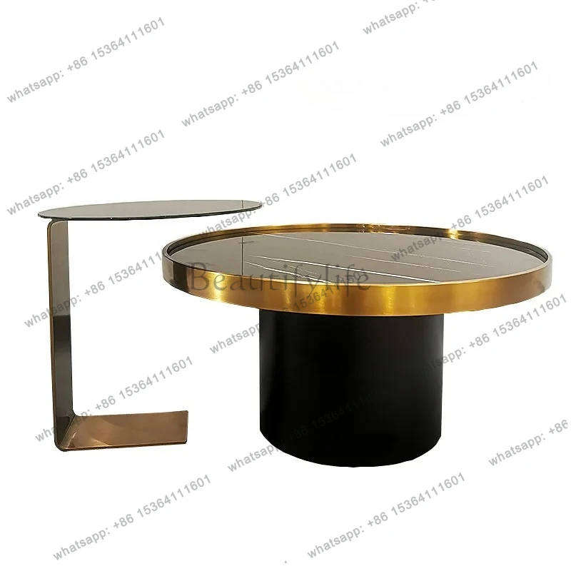 

Stainless steel round tea table combination living room tempered glass natural rock slab small coffee table light luxury modern