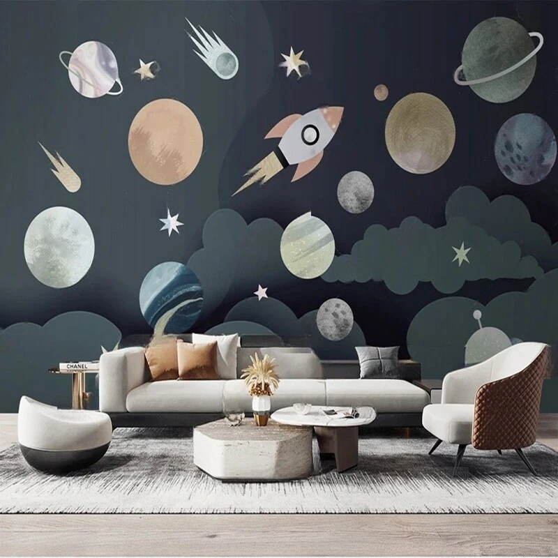 

Modern Style Wallpaper Cartoon Universe Starry Sky Planet Space Themed Mural for Kids Room Background Wall Decor Print