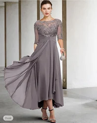 Scoop Neck Mother of the Bride Dress Wedding Guest Elegant Plus Size High Low Asymmetrical Ankle Length Chiffon Lace Half Sleeve