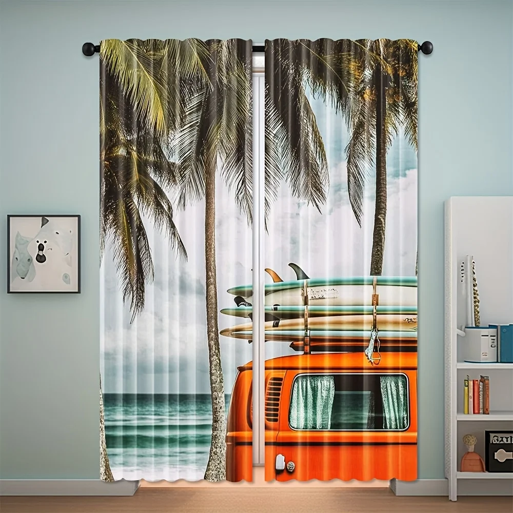 Retro Van Surfboard Curtains Tropical Palm Tree Beach Graphic Window Drapes Summer Holiday Decor Blackout Fabric for Living Room