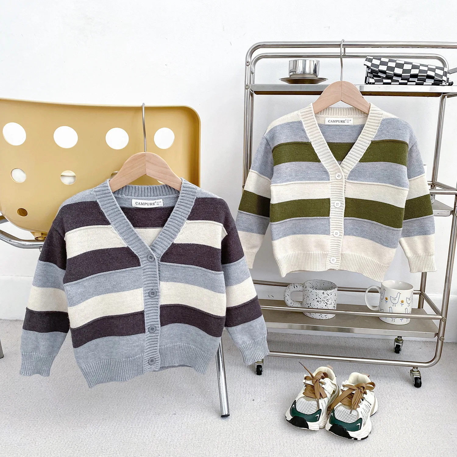 2026 Autumn New Children Long Sleeve Knit Coat Boys Girls Casual Striped Sweater Cardigan Cotton Baby Knitted Jacket