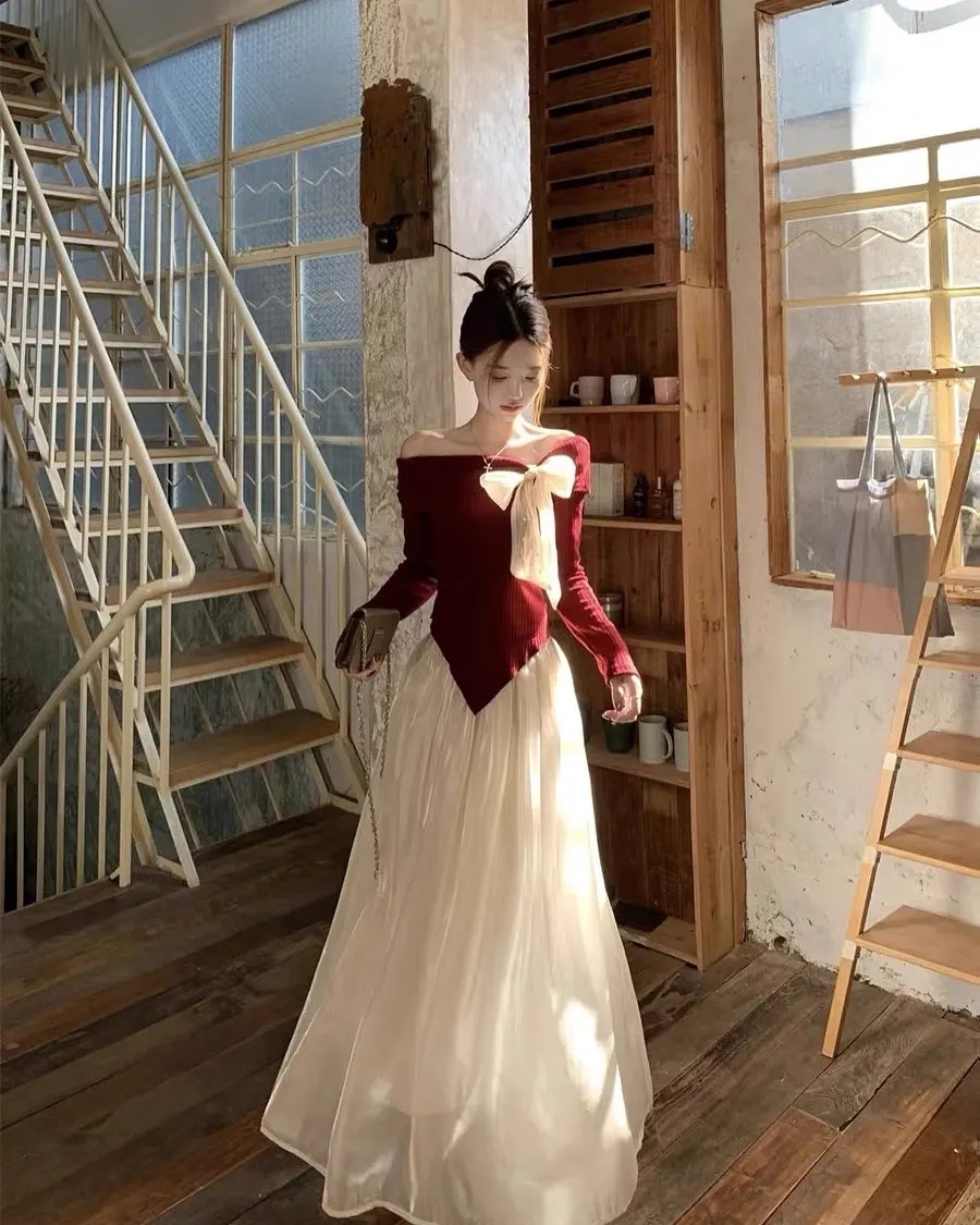 Customized Delicate Organza Off The Shoulder Bow Evening Dresses Temperament Long Sleeves Prom Dress Custom Made Party