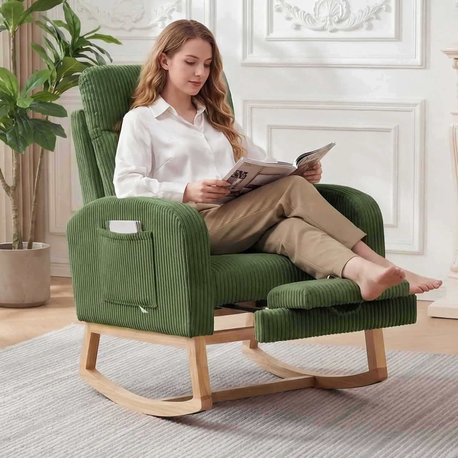 Nursery Rocking Chair, Corduroy Upholstered Glider Rocker with Adjustable Footrest & Side Pocket, Tufted Rocking Chair for Living Room & Bedroom