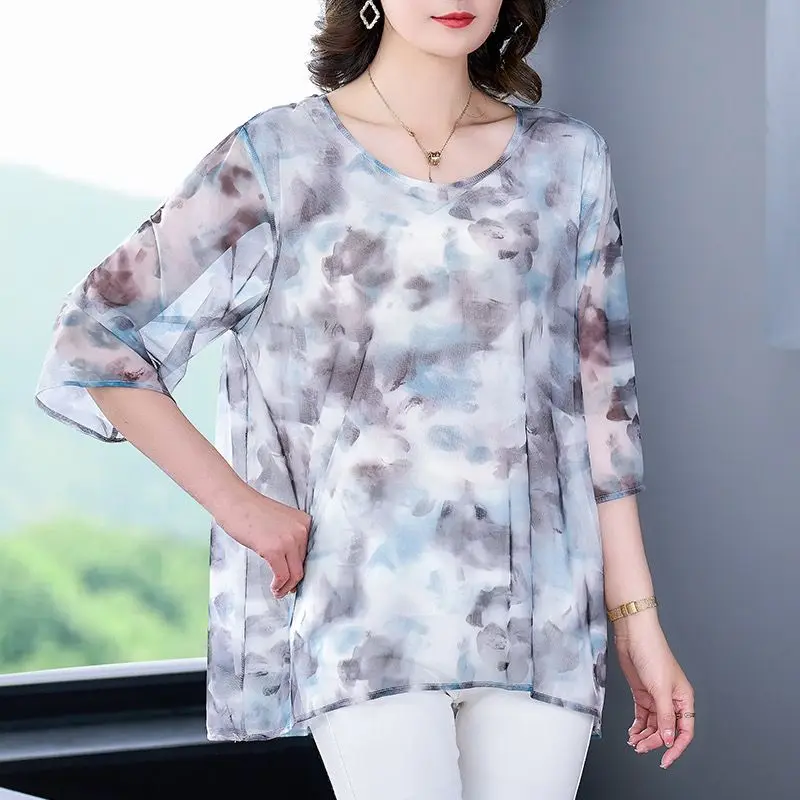 Commute Fashion Gauze Spliced T-shirt Women\'s Clothing Korean Loose Printed Casual Half Sleeve Summer Round Neck Midi Pullovers