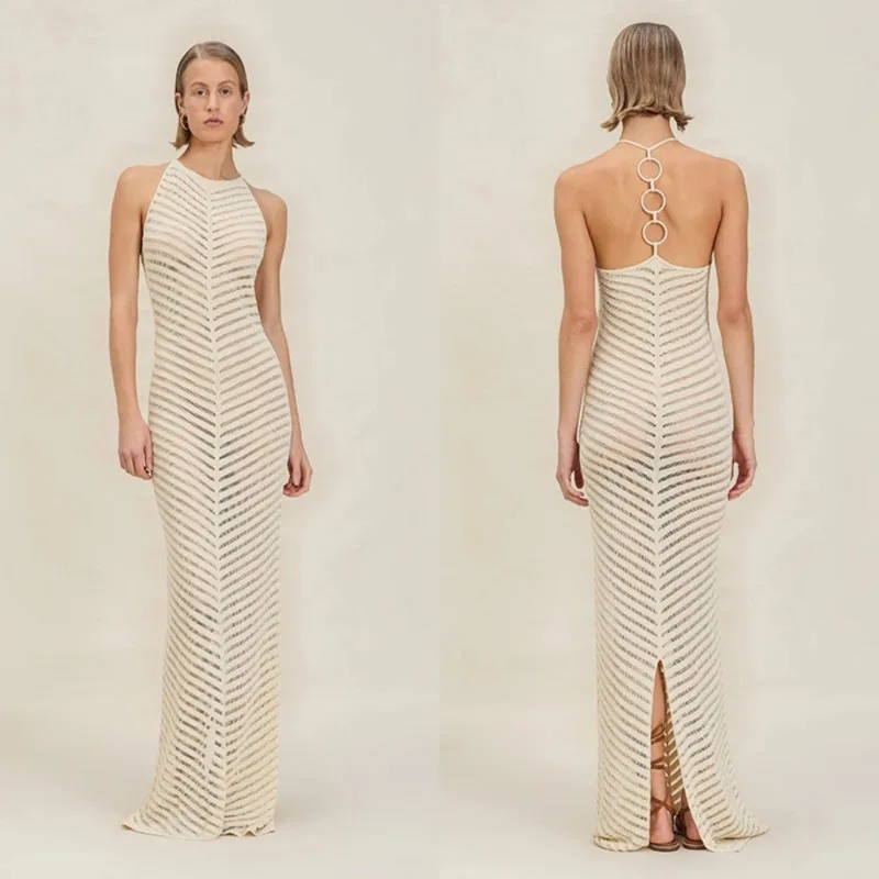 

Summer New Knitted Neck Tight Strap Dress Sexy Hollow Out Perspective Slit Dress Fashionable Women's Seaside Vacation Long Dress