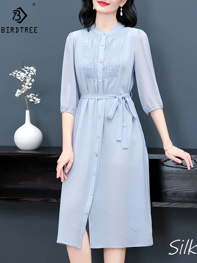 

BirdTree, 100%Real Silk Elegant Oversize Dresses, Women Half Sleeve Solid, Fashion Retro Party OL Dress, 2024 Summer D45391QM