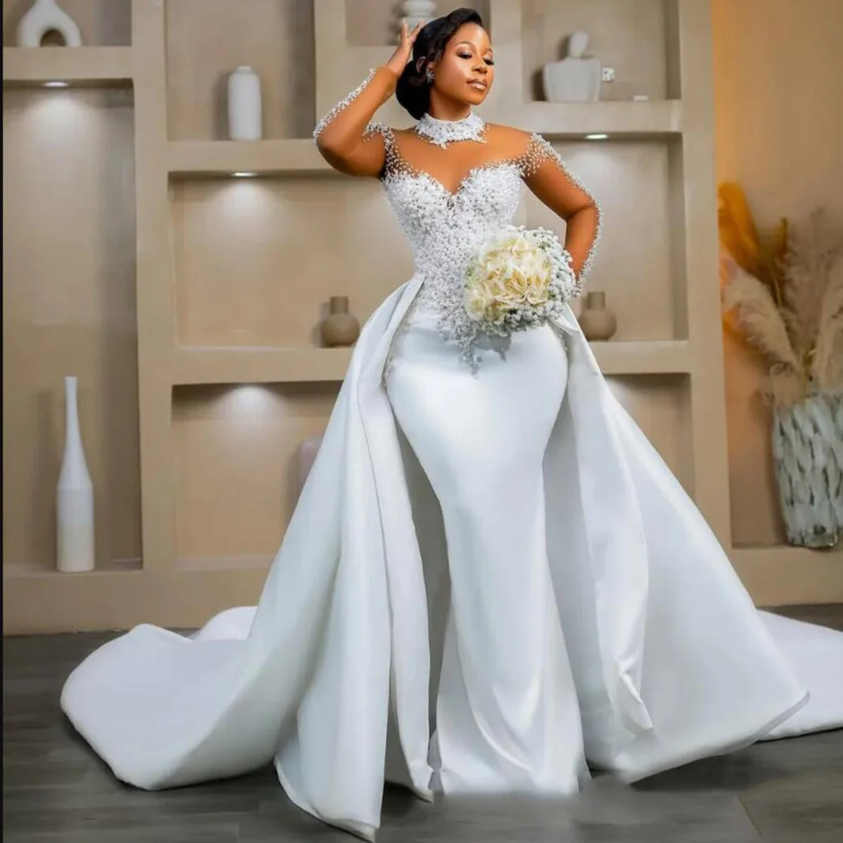 

Elegant White Mermaid Lace Pearl Women's Wedding Dress Sexy High Neck Transparent Cuff Detachable Train Bridal Dress Customized