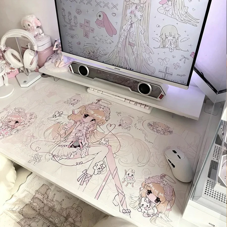 Ins Girl Pink Angel Super Large Leather Mouse Pad Non-Slip Waterproof Desk Mat Comfortable Office Gaming PC Student Desk Mat