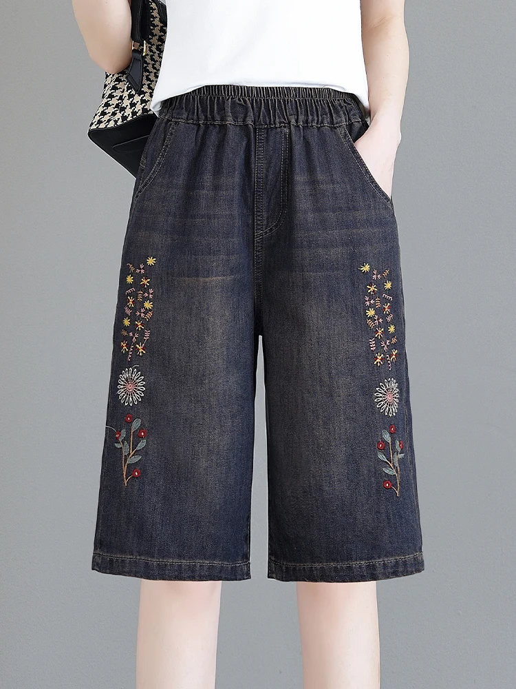 

High Waist Straight Leg Jeans Women Summer Thin Elastic Loose Embroidered Wide Leg Five-Quarter Pants Dream Hi Fashion