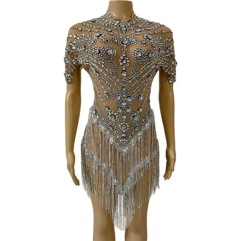 Women Shining Rhinestone Tassel Dance Dress Glove Sexy Mesh Perspective Crystal Leotard Singer Dancer Stage Wear Nightclub Dress