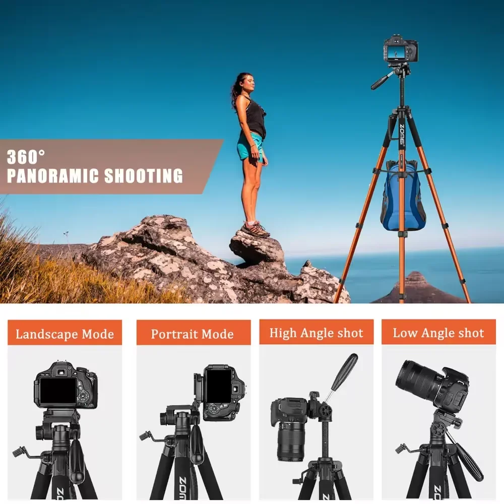 187cm 73.6\'\' Tall 360°Rotatable Zomei Aluminum Tripod 6kg Max Load Capacity for Professional Camera Canon Nikon Mobile Phone