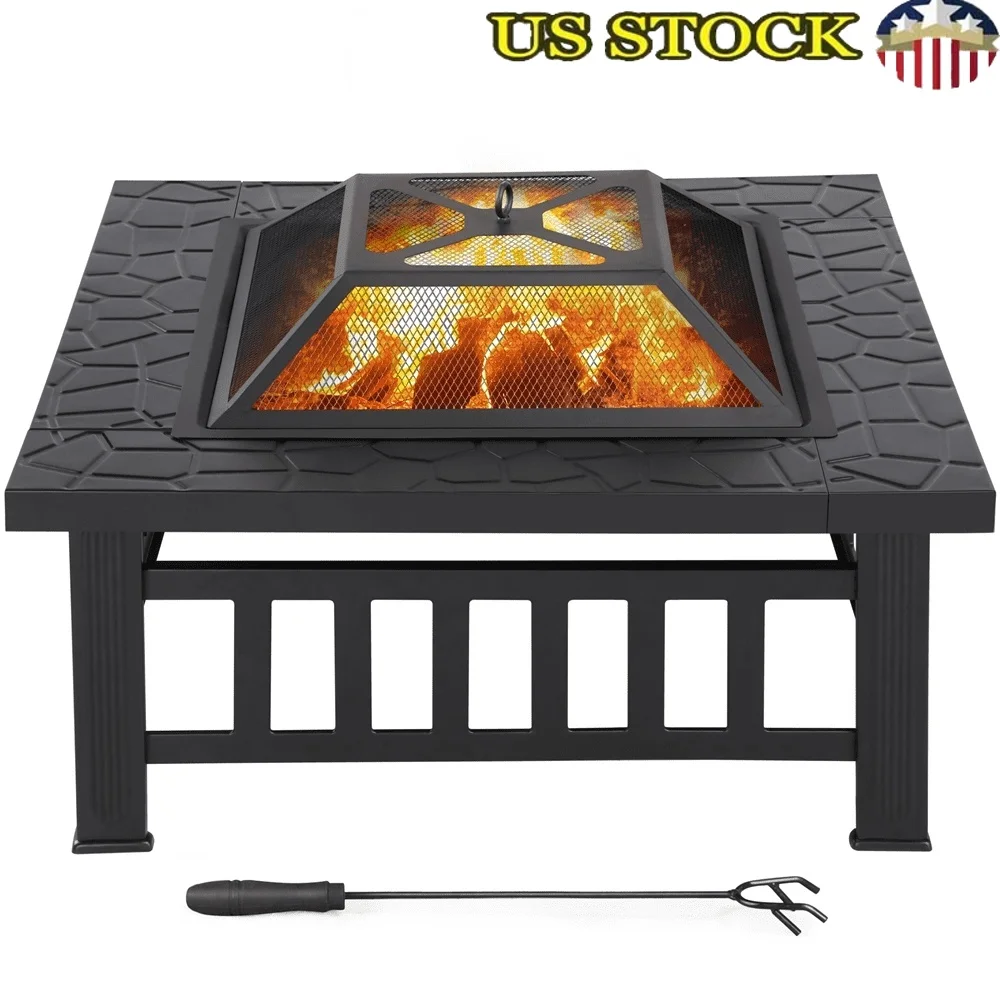 

32 Inch Outdoor Square Fire Pit Metal Garden Stove with Spark Screen Poker Waterproof Cover Patio Yard Heating Barbecuing
