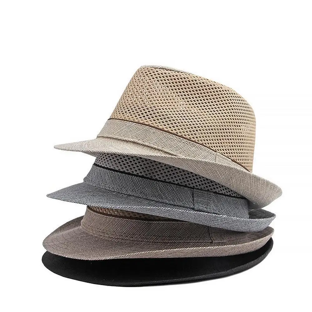 Summer Men Sun Hats Panama Caps Polyester Splicing Mesh 56-60cm Small Brim Jazz Style Outdoor Beach Sunshade Fedoras TY0181