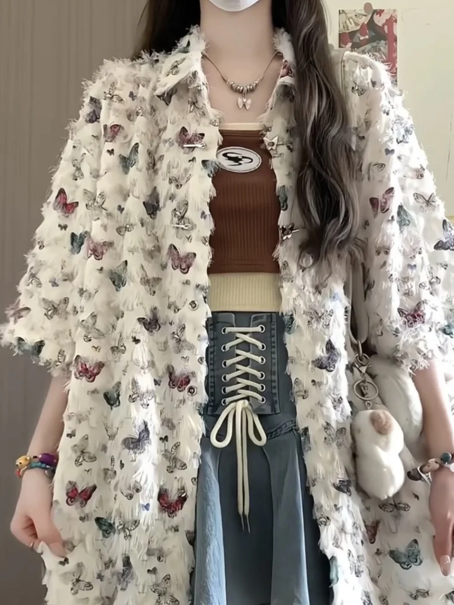 Women Shirts Chic Butterfly Short Sleeved Shirt Jacket For Women's Summer Design Niche Artistic Layered Shirt