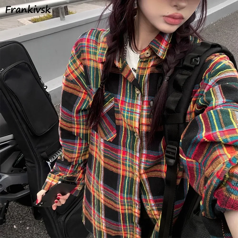 Y2k Women Shirts Plaid Design Colorful Punk Slouchy Harajuku High Waist American Style College Outwear Spring Autumn Chic Tops