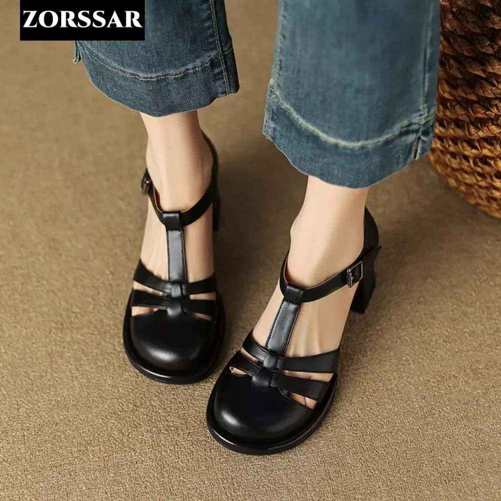 Genuine Leather Square Heel Pumps Women T-Strap High Heel Roman Sandals Baotou Summer Elegant Lady Heeled Shoes Sandalias Mujer