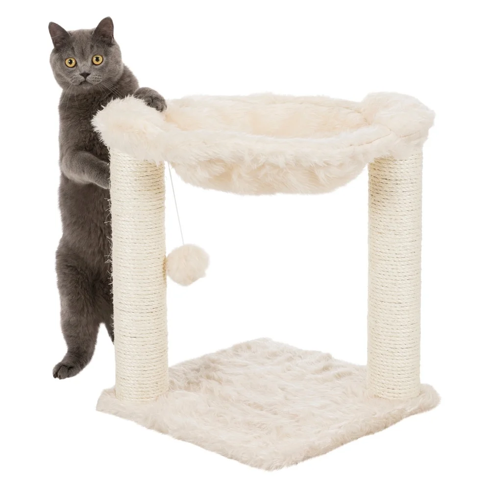 Dual Post Cat Scratching Tree with Hammock and Pom Pom Toy Plush Jute Scratchers Kittens and Adult Cats Pet Relaxation Play