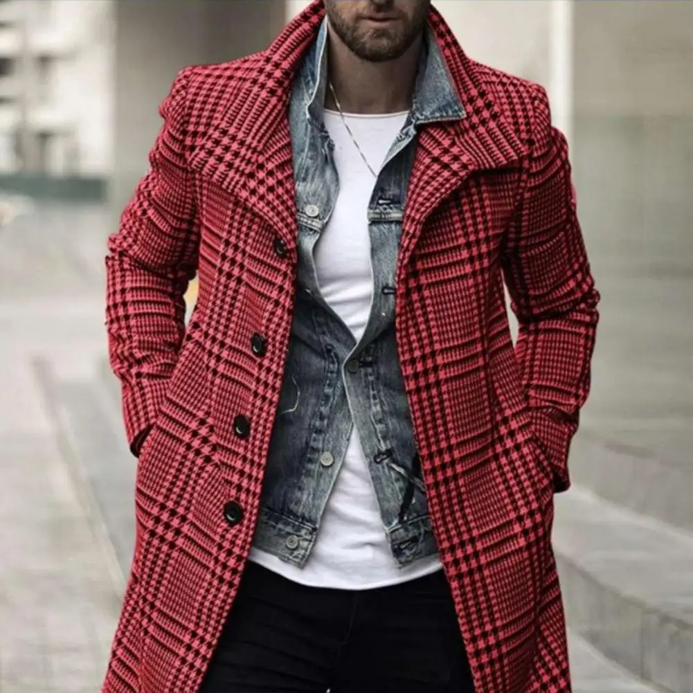 

Men Overcoat Plaid Medium Length Turndown Collar Windbreaker British Style Coldproof Single Breasted Trench Coat Streetwear