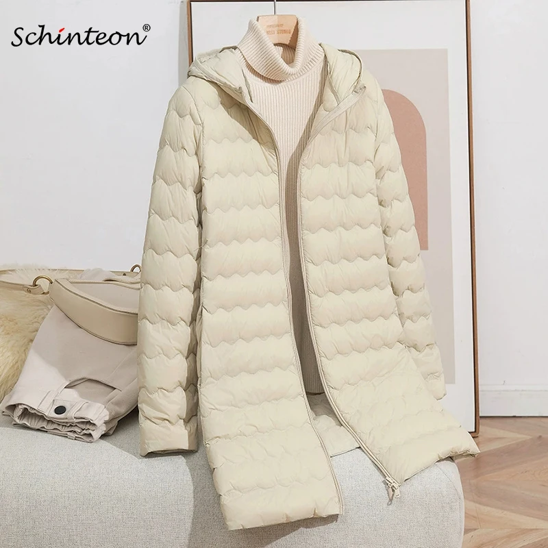 

Schinteon женская легкая длинная куртка на 90% белом утином пуху с капюшоном, повседневная осенне-зимняя верхняя одежда высокого качества, новинка 2023 года
