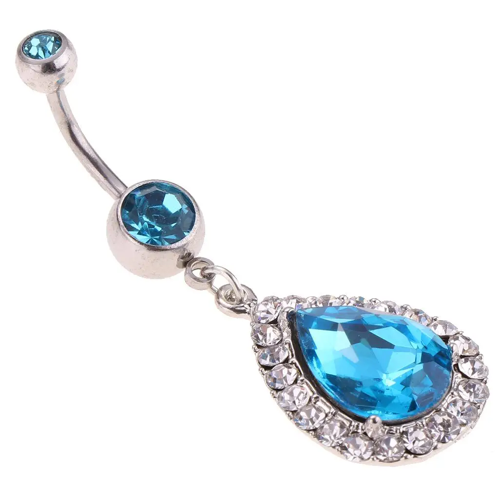 Fashion Blue Crystal Belly Button Navel Ring Dangle Water Drop Barbell Body Jewelry for Women Stainless Steel Evening