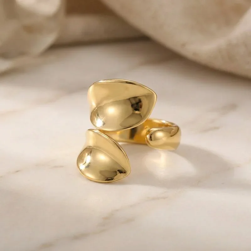 Twist Organic Open Cuff Ring for Women, Gold Plated Stainless Steel Abstract Irregular Statement Adjustable Finger Jewelry Gift