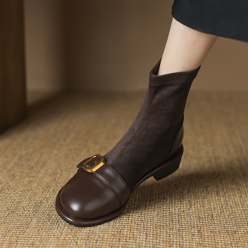 2026 New Quality Retro Women's Boots, Fashionable Round-toe Patchwork Ankle Boots, High-end Buckle Accessories, Size 33-43