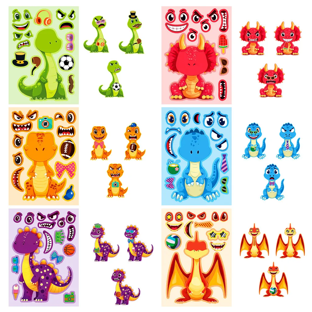 6Pcs Dinosaur Mix and Match Face Puzzle Stickers, Cute Cartoon Character Decals for DIY Decor RecordingYourLife Store