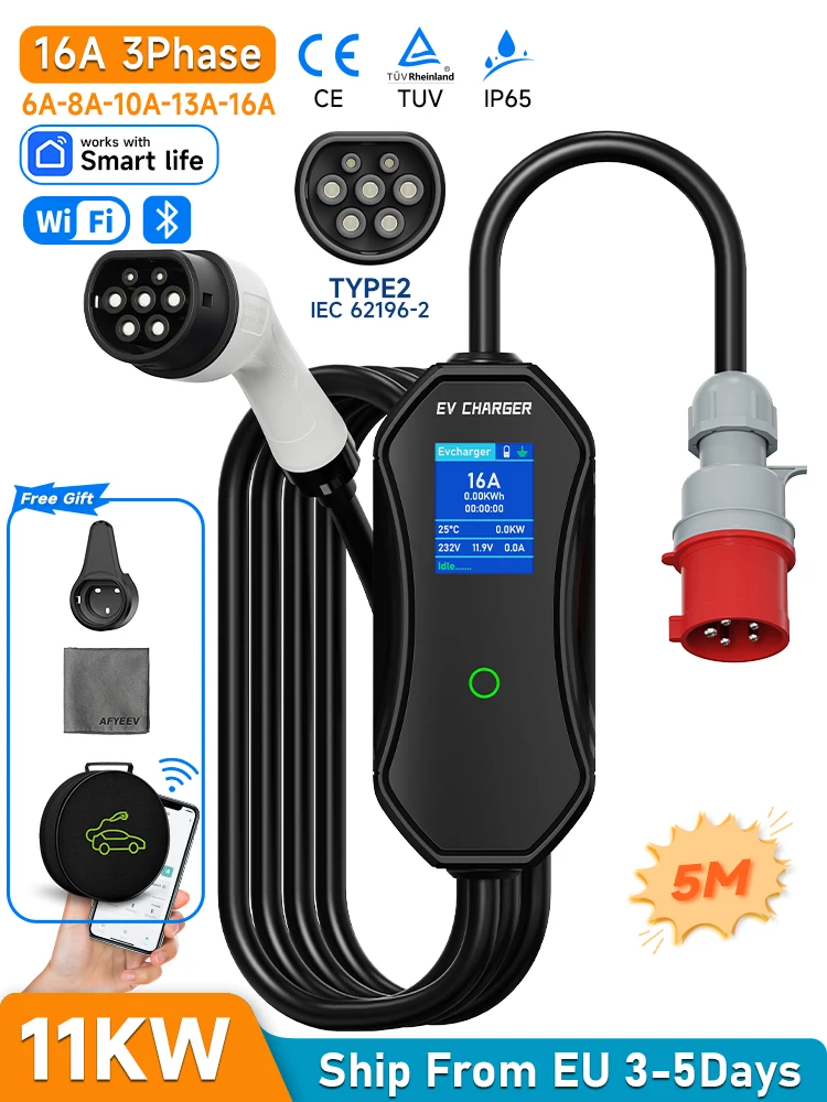 AFEEV 11KW 16A 3-phasiges Typ-2 tragbares EV-Ladegerät Wallbox EVSE Schnellladekabel WiFi Bluetooth APP-Steuerung IEC62196-2 CEE-Stecker Elektrofahrzeug-Ladestation