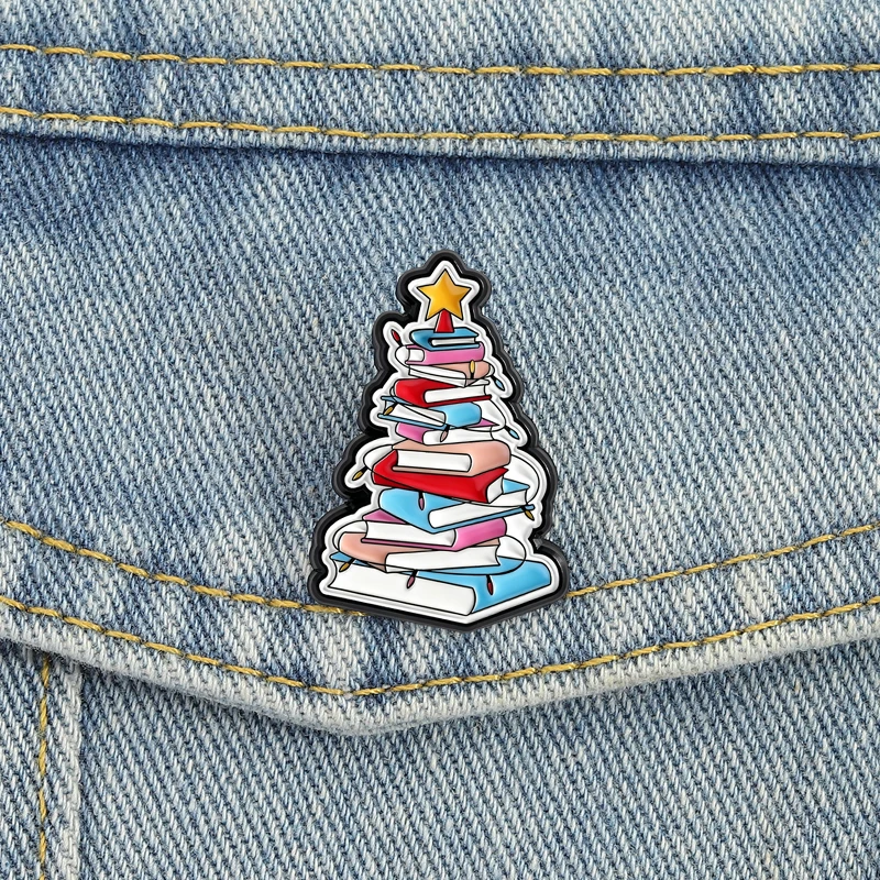 Christmas Books Tree Enamel Pins Bookworm Brooches Lapel Badges Cartoon Bookish Reading Jewelry Gift for Reader Friends