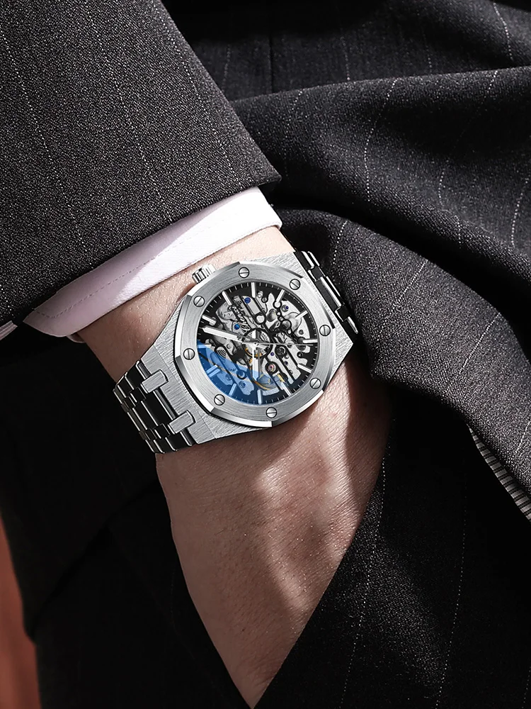 Chenxi Marken-Skelett-Automatikuhr aus Edelstahl, Luxuriöse Business-Armbanduhr, Geschenk für Herren