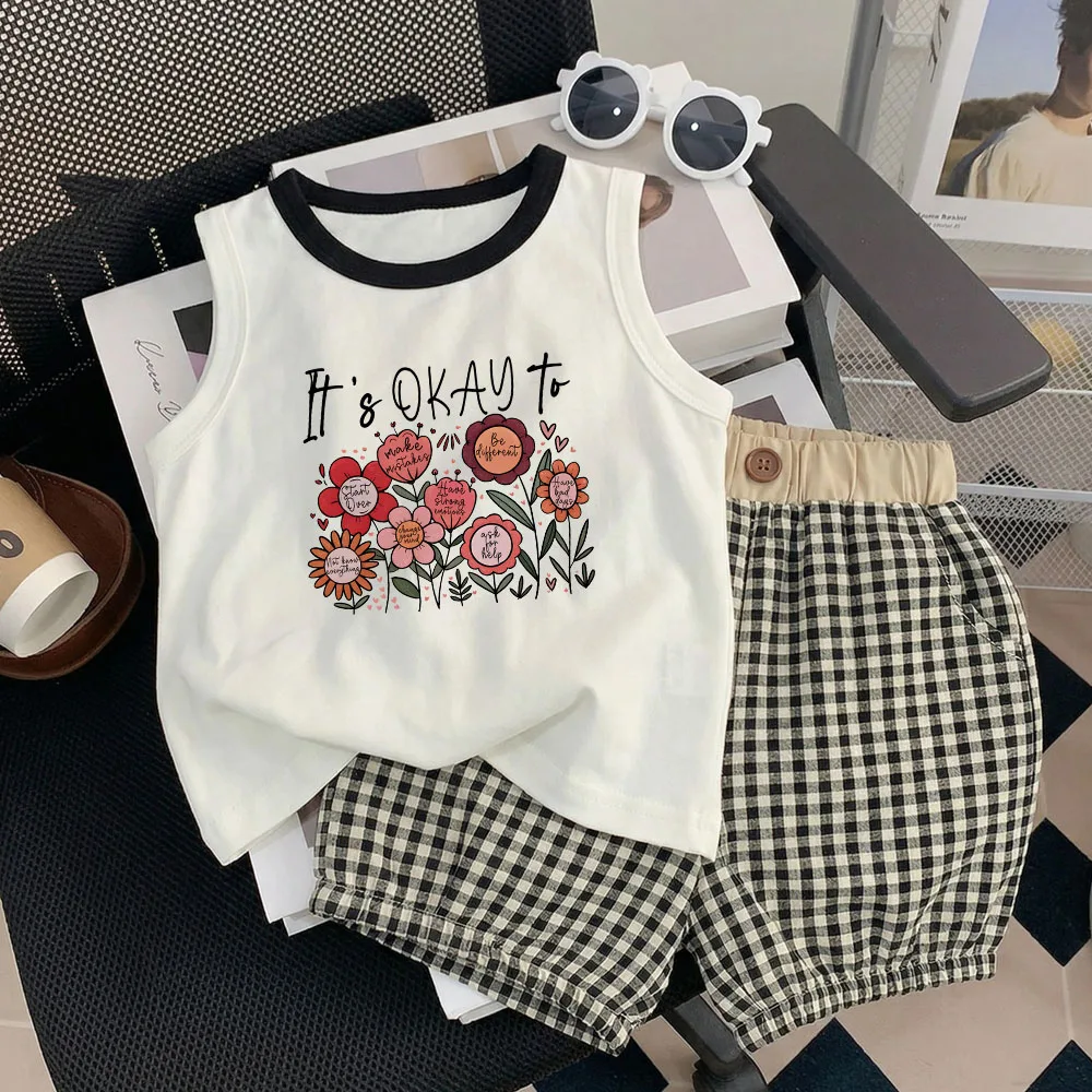 Sommer Kinder Ärmellose Oberteile und Unterteile Zweiteilige Sets Mädchen Freizeitoutfits Blumenbedruckte Kinder-Westen-Sets Karierte Shorts-Anzüge