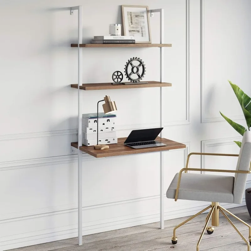 Theo 2-Shelf Industrial Wall Mount Ladder, Small Computer or Writing Desk, Rustic Oak/White