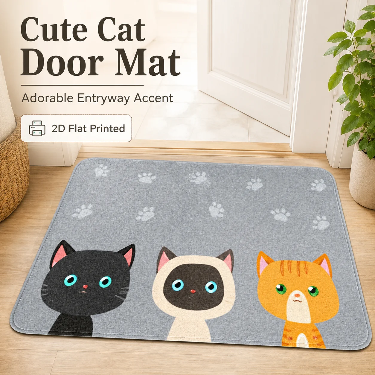 

Grey Cute Cats 2D Flat Printed Felt Floor Mat Soft Bathroom Rug Cartoon Animal Bedroom Carpet Anti-Slip Home Entryway Door Mat