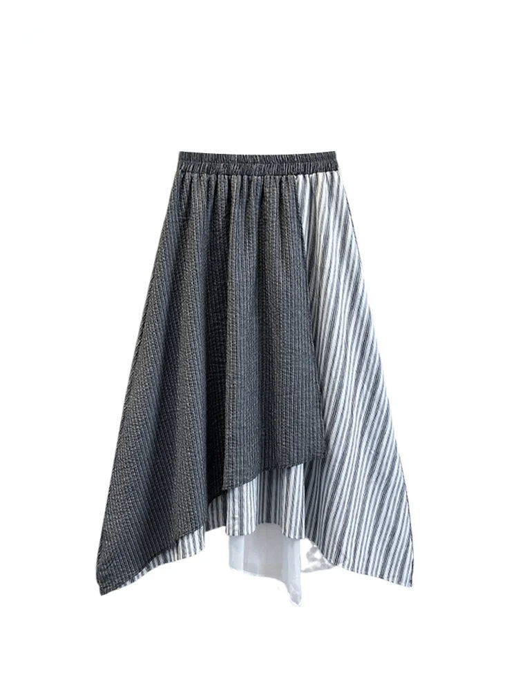

High Waist Striped Midi Skirt for plus Size Women Early Autumn New Sle Ele Slimming Design Casual Cotton Blend Skirt