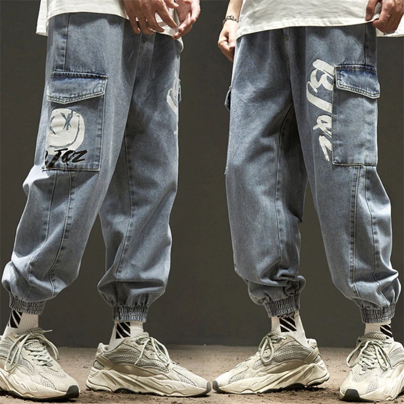 

Men Cargo Pants Hip Hop Pocket Printed Harem Pants Trend Streetwear Korean Style Loose Wild Ankle Length Jeans Men Clothes 2022