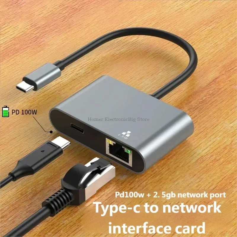 Dense USB C to RJ45 2.5G Adapter Supporting 100W Fast Charging and 2500Mbps Rapid Ethernet Plug and Play Aluminum Alloy KINO